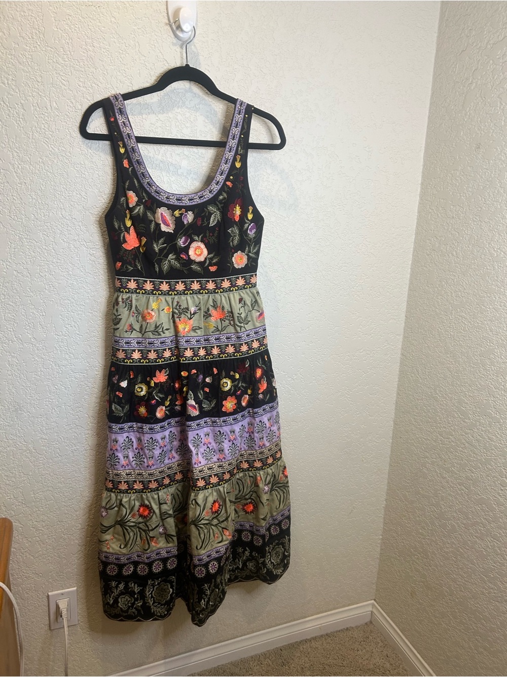 Alice + Olivia Lavender and Olive Floral embroidered dress.
